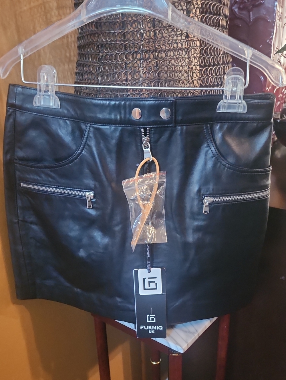 FURNIQ Black Leather Zipper Mini Skirt NWT